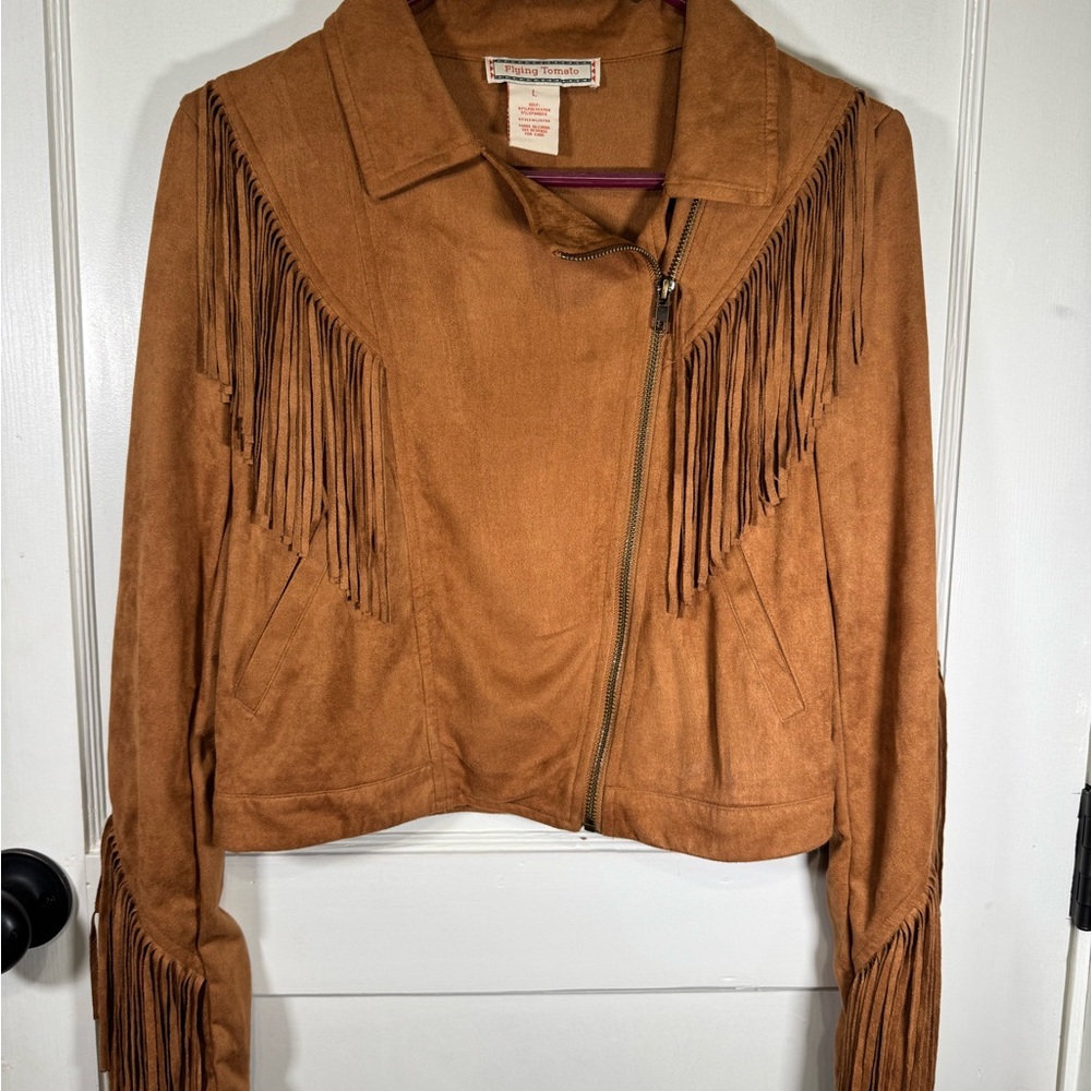 Flying Tomato Brown Suede Fringe Moto Jacket